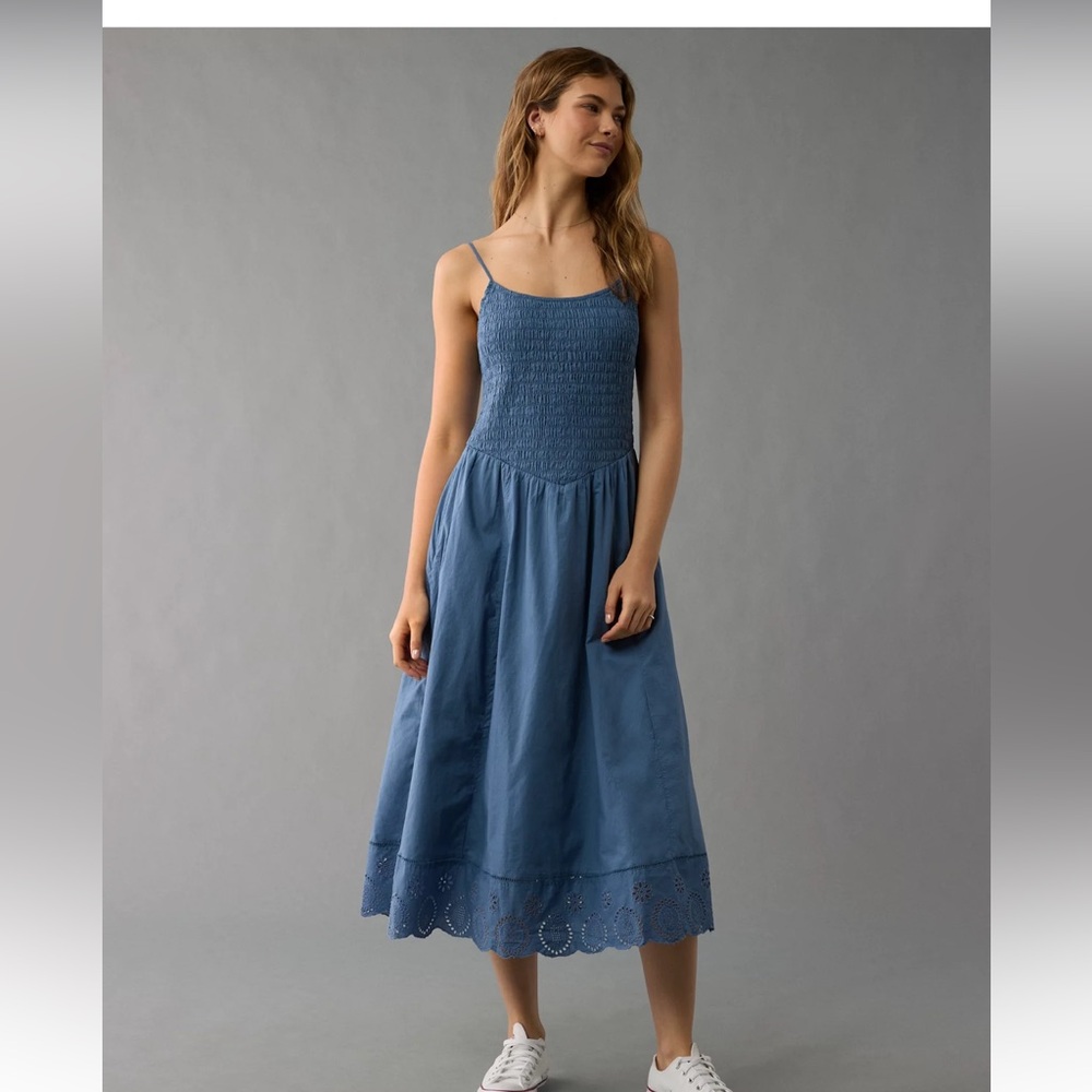 American Eagle Outfitters Denim Blue Smocked Midi Dress